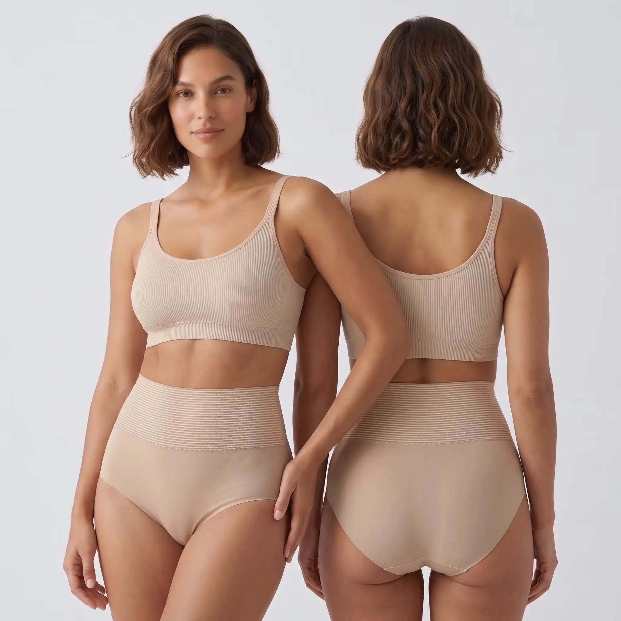 Wanita memakai KakLeha™ high-waist panties dengan pakaian harian